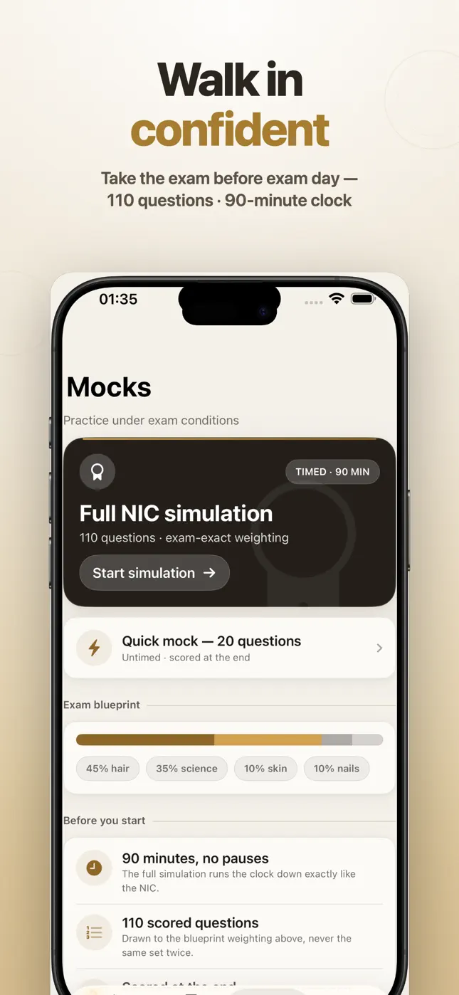 The Mocks screen: a full NIC simulation of 110 questions on a 90-minute clock, a 20-question quick mock and the exam blueprint.