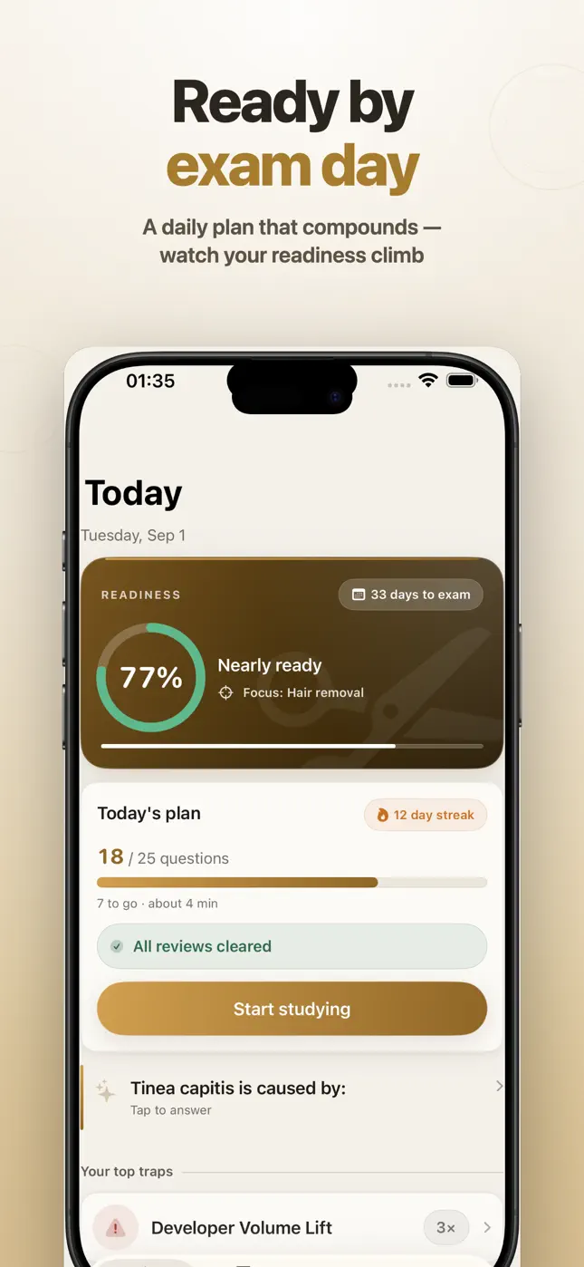 The Today screen: a readiness ring, days left to the exam, today's study plan and a streak.