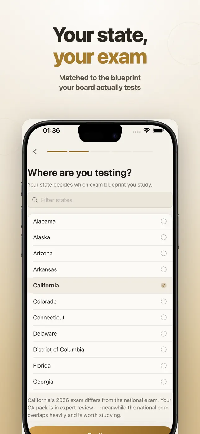 The state picker: choose where you are testing so you study the blueprint your board uses.
